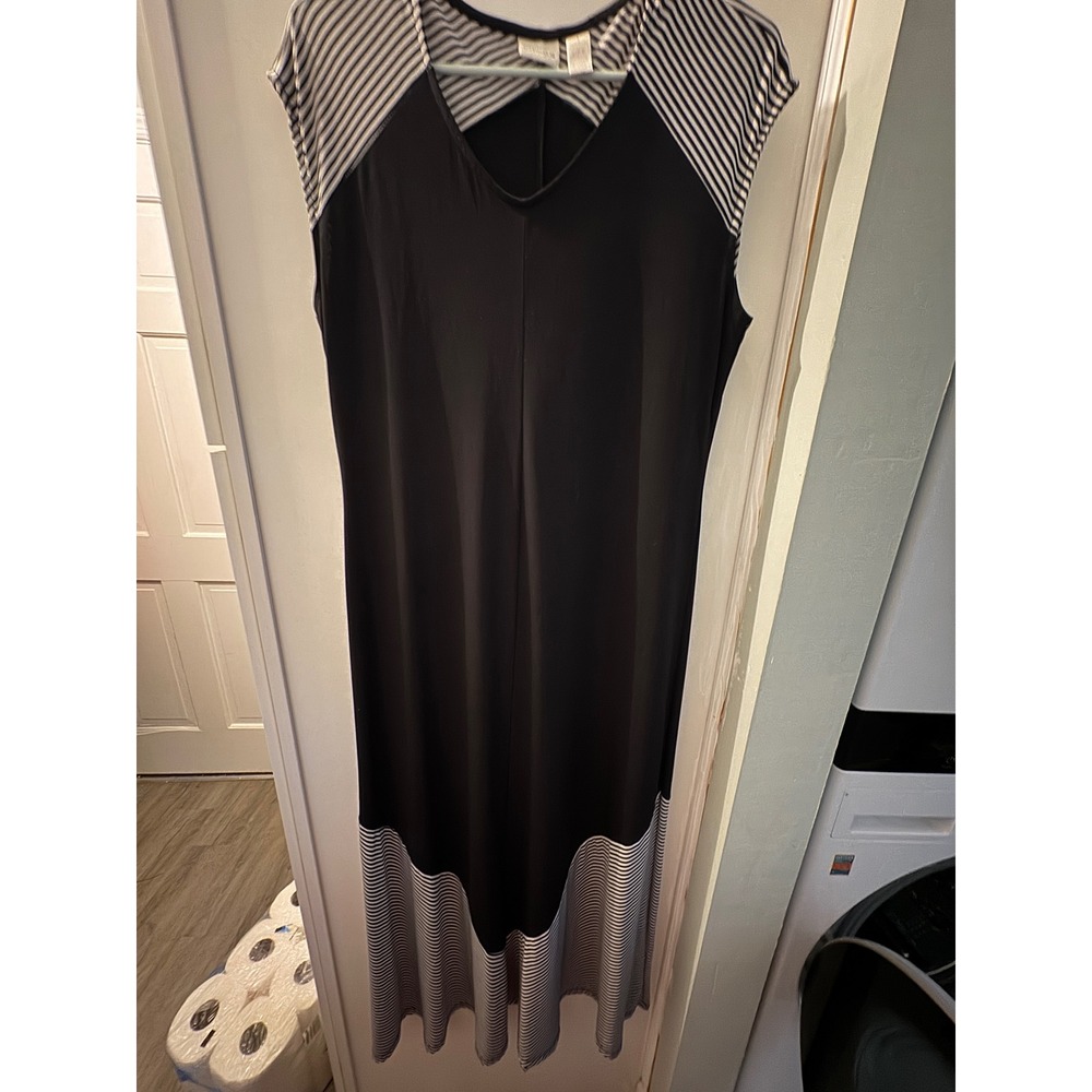 Chicos Travelers Black Striped Maxi Dress V-Neck Sleeveless Size‎ 1 M